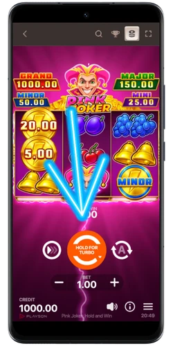 Ekran gry Pink Joker na mobile z jackpotami i przyciskiem spin