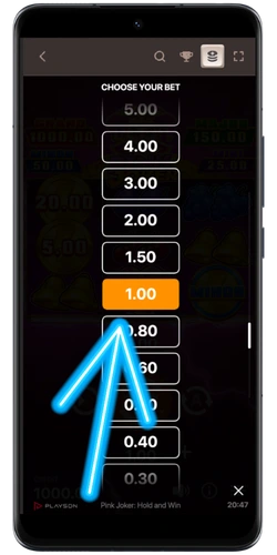 Menu wyboru stawki w Pink Joker od 0,30 do 5,00 PLN