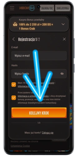 Formularz rejestracji w kasynie Neon54